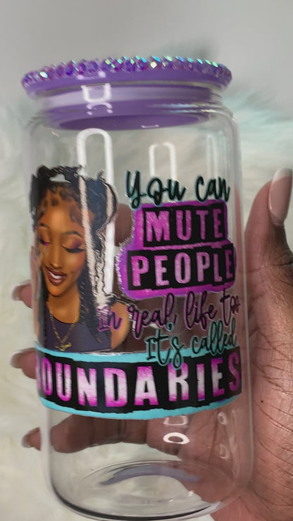 Mute People 16 oz Clear glass Cup w/Rhinestone Lid